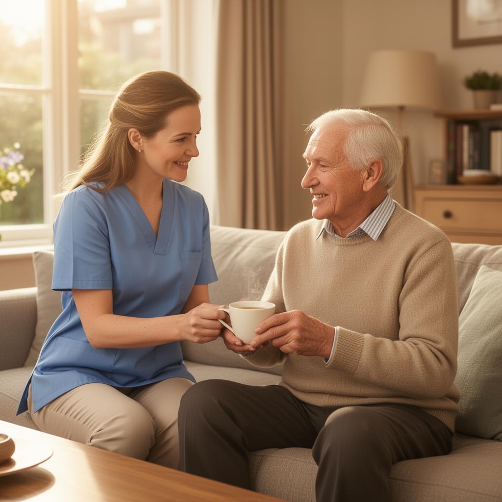 Caregiver helping a senior man with tea at home